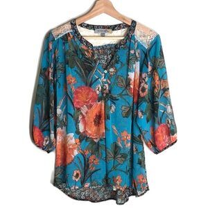 Figueroa & Flower Sheer Floral V-neck Long-sleeved sheer Blouse size medium boho